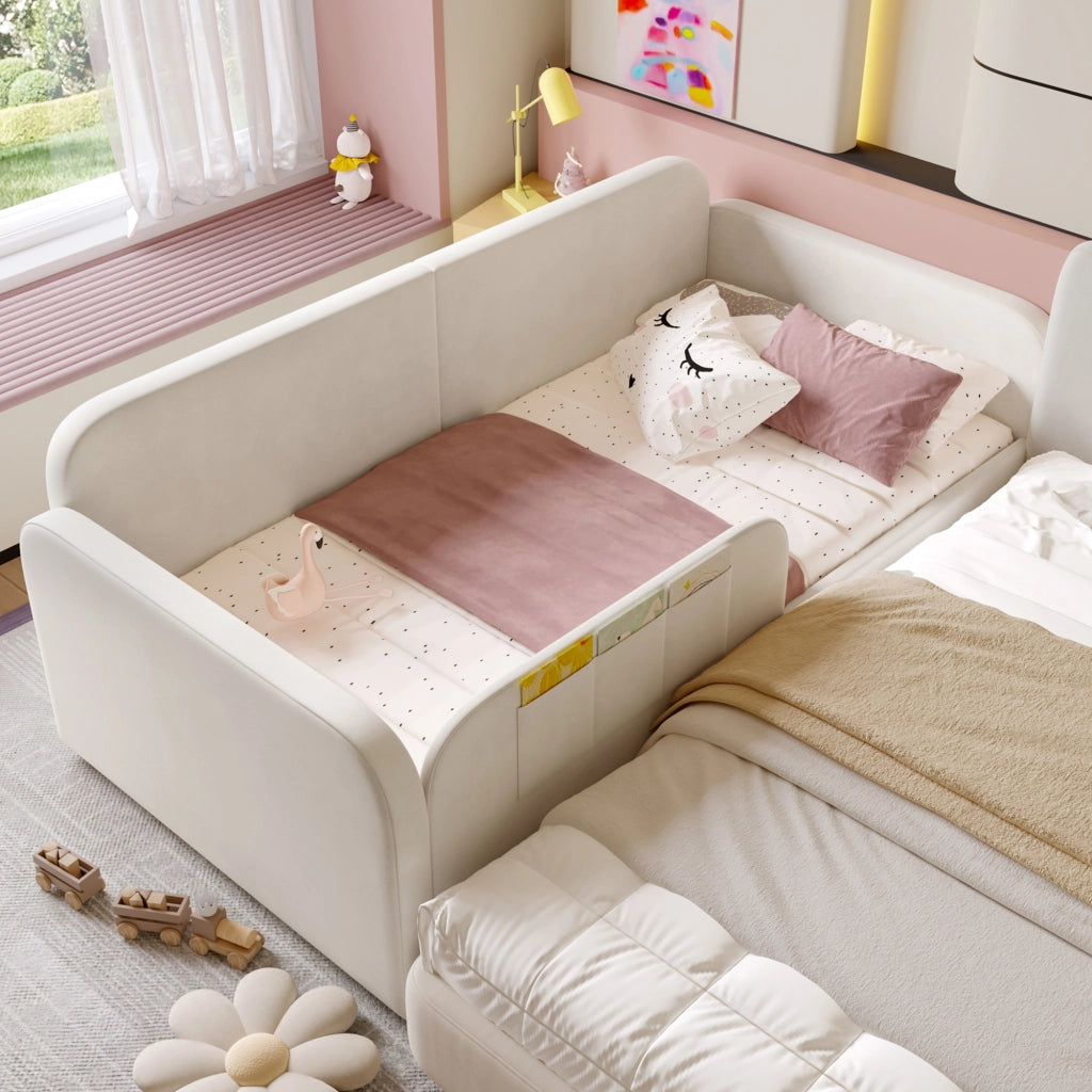 LETTO Singolo 90x200 cm Velluto Bianco con 2 cassetti e tasche laterali