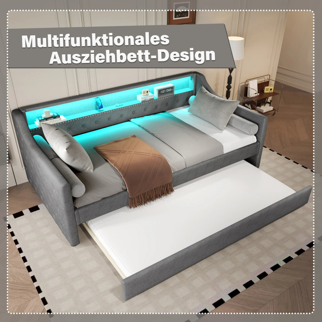 LETTO Divano 90x200 cm in lino grigio con letto estraibile, LED e USB