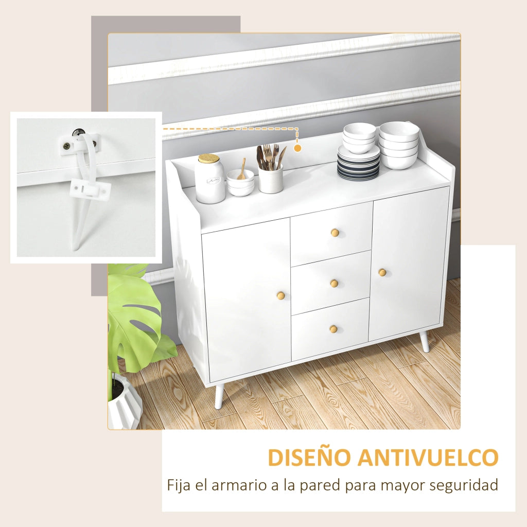 Credenza Moderna con 2 Ante e 3 Cassetti ¨C Minimal ¨C Bianco Legno Pino 90x32x80