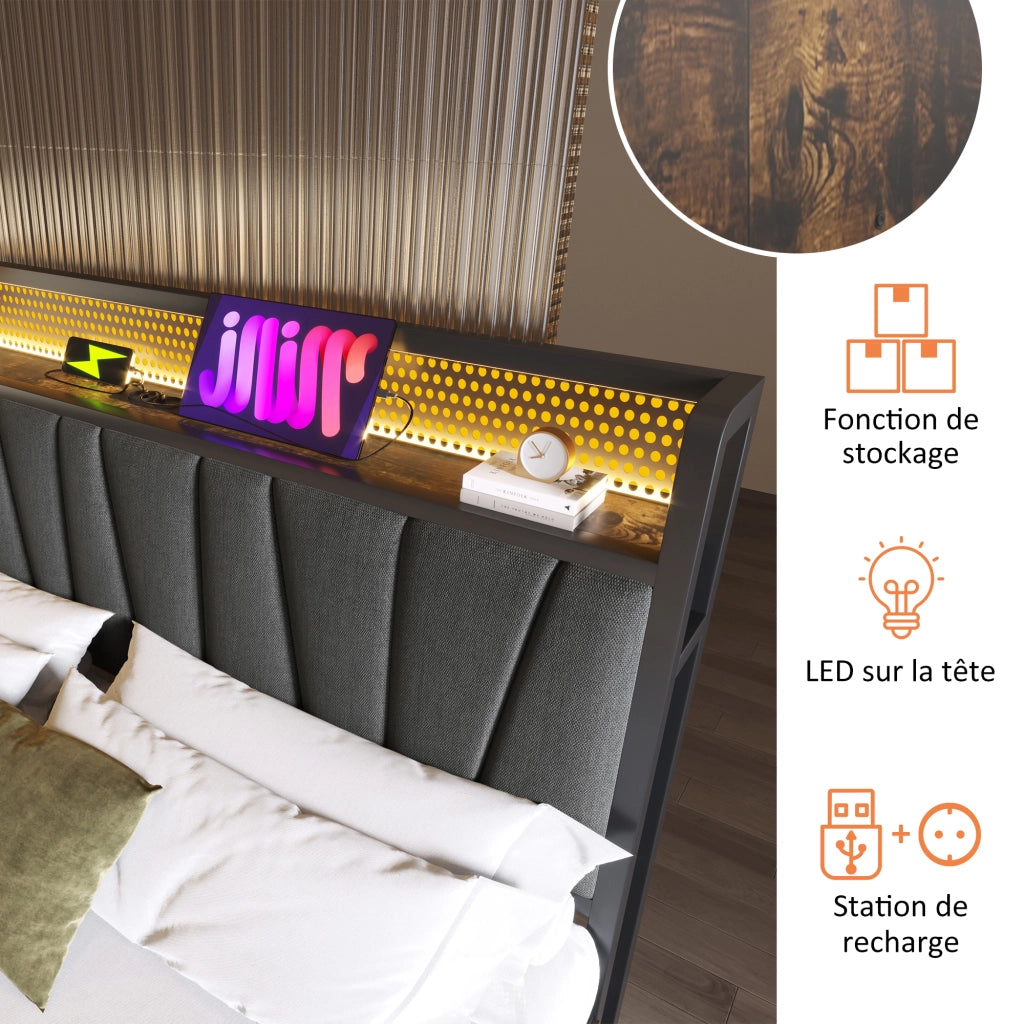 LETTO matrimoniale 180x200 cm in lino grigio con LED App-Control, USB e prese