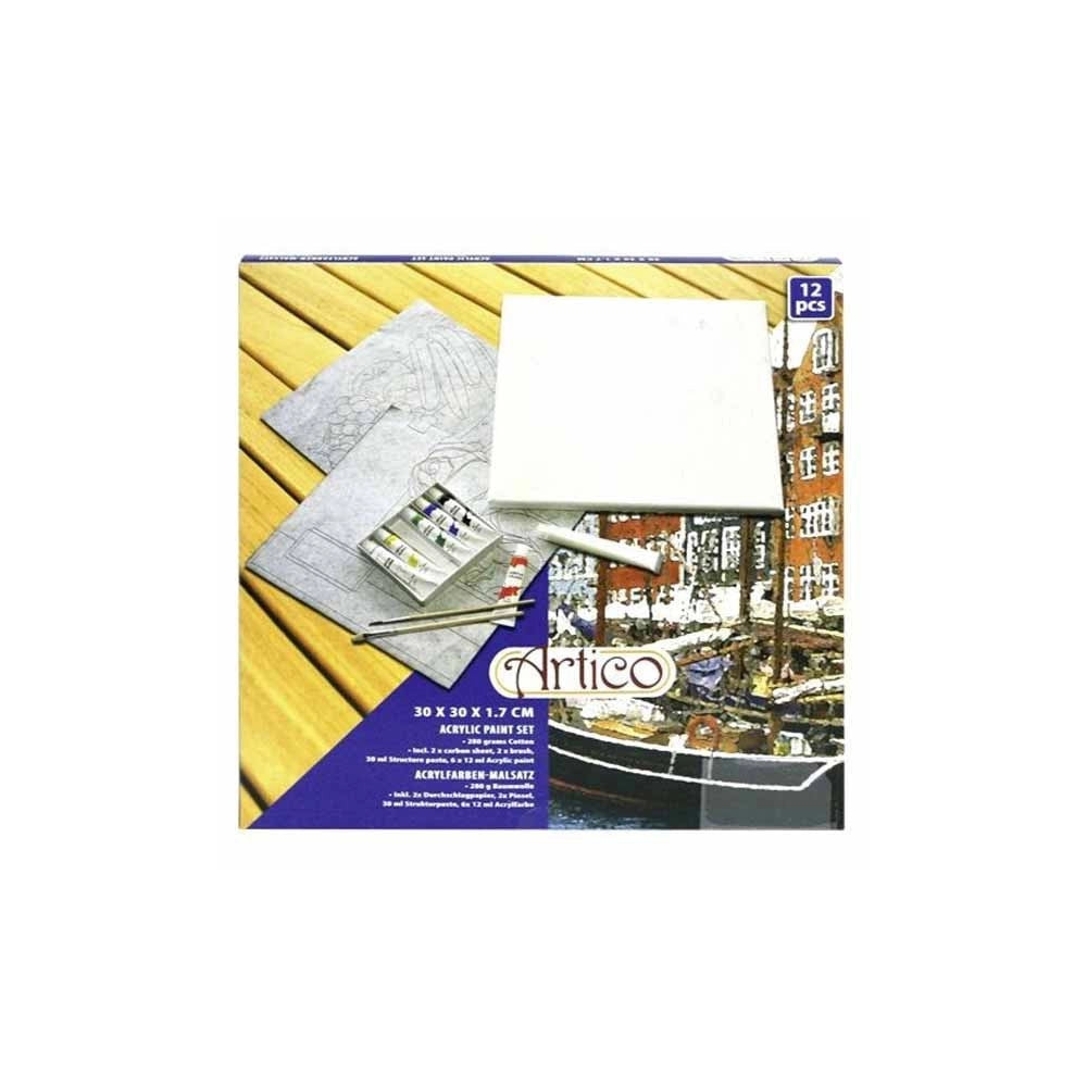 Trade Shop - Kit 12 Pezzi Attrezzi Per Pittura Dipinto Colori Pennelli Tela 30x30 Cm Artico -