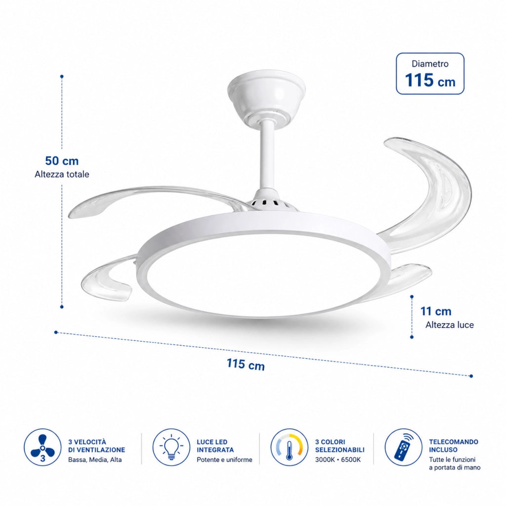 VENTILATORE SOFFITTO LUCE LED 80W PALE SCOMPARSA 48" TELECOMANDO SJ-198 CB001