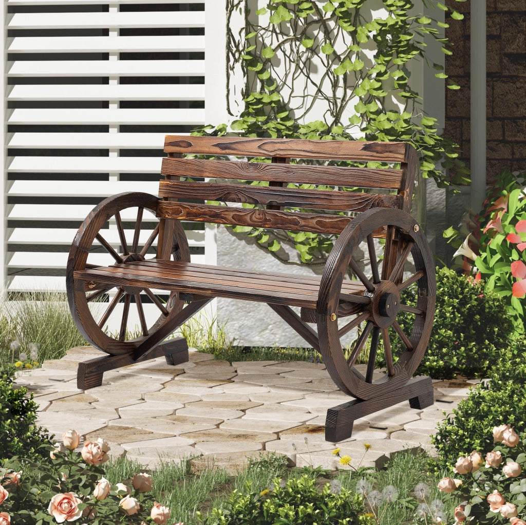 Panca da giardino a 2 posti in legno di abete; stile rustico con braccioli effetto ruota; marrone; 105;5x56x79 cm
