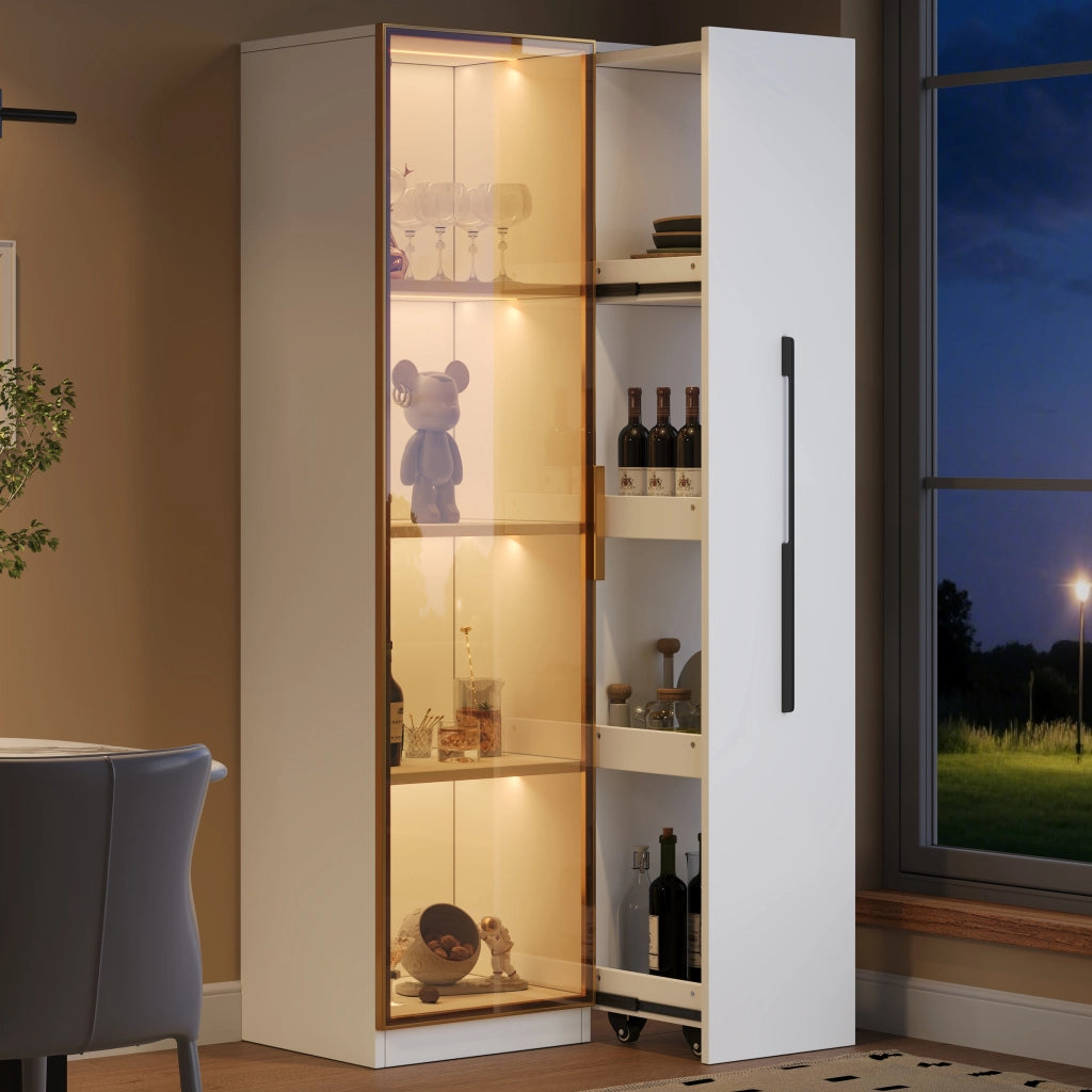 Vetrina con LED integrato e modulo laterale estraibile 70x40x160 cm in MDF bianco
