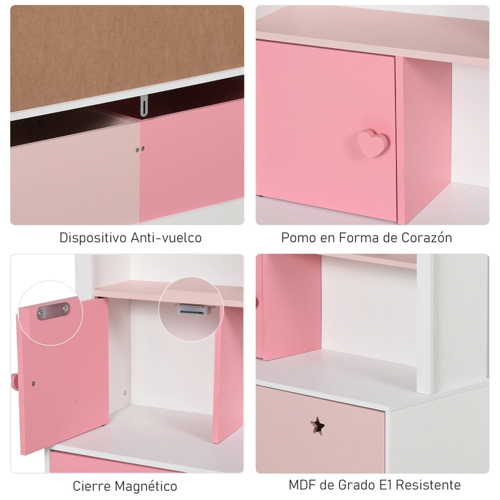 Libreria per Bambini con 4 Ripiani, 1 Anta e 2 Cassetti ¨C Minimal ¨C 80x34x130 cm Rosa e Bianco