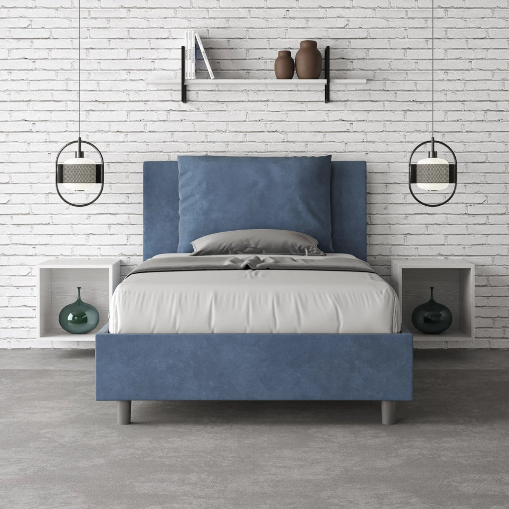 BS COM Letto una piazza e mezza senza rete imbottito 120x190 microfibra blu