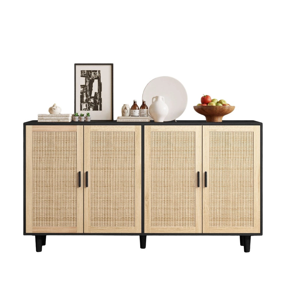 Armadio a 4 Ante in Rattan con Ripiani ¨C MINIMAL ¨C Nero, 158 cm