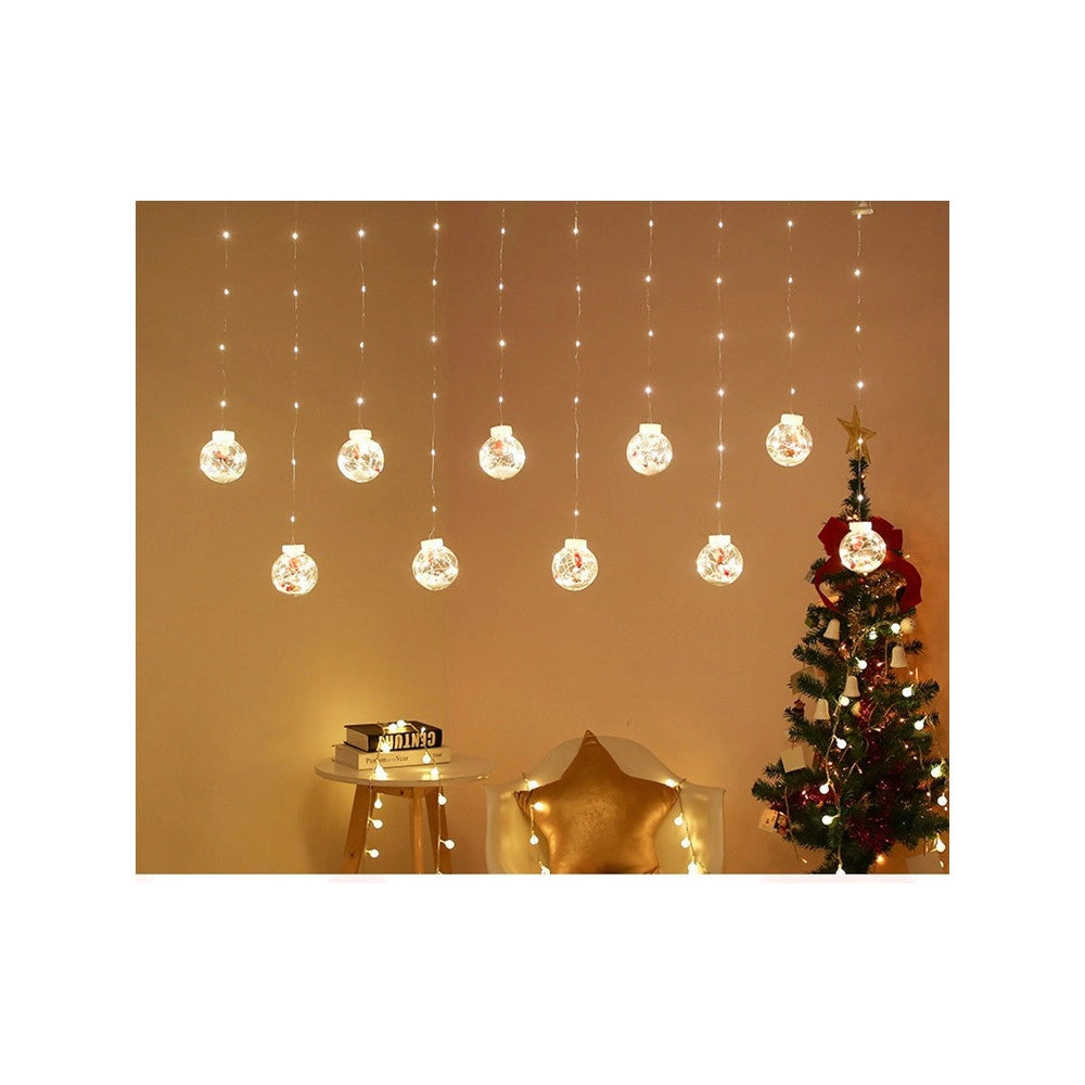 Trade Shop - Tenda Luminosa 10 Palline Di Natale 3 Metri Con Neve Luce Led Calda Fredda Rgb - -bianco Caldo      -