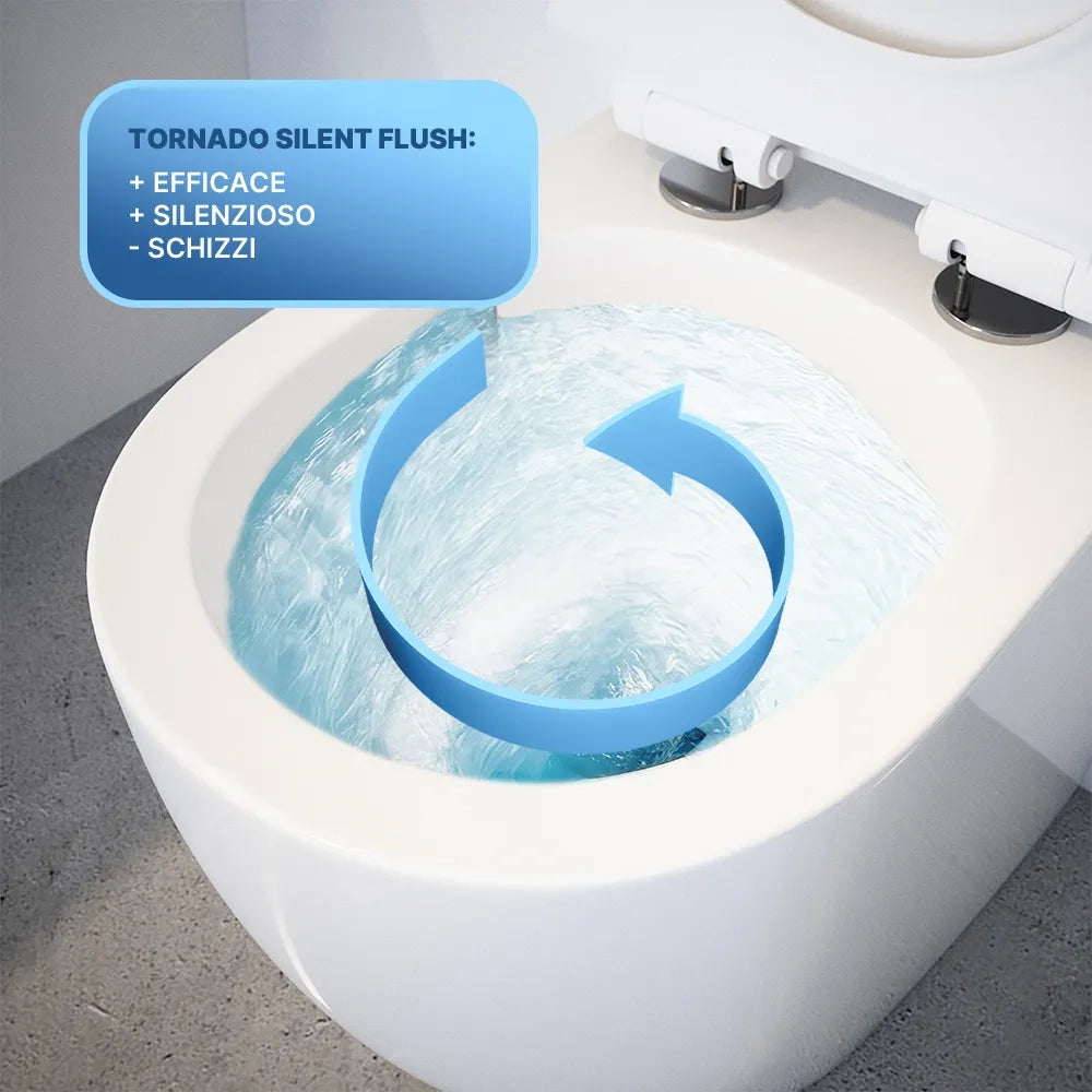 Vaso filomuro tornado silent flush in ceramica bianco lucido con sedile soft-close | Sydney