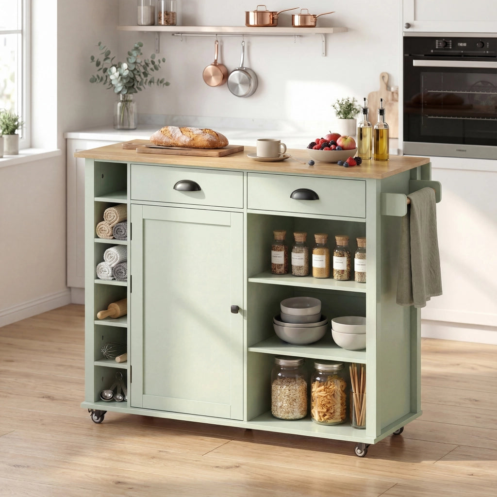 Armadio da Cucina con Ruote, Anta con Ripiani e 2 Cassetti ¨C Zephmum ¨C 117.5x70x91 cm Verde Chiaro