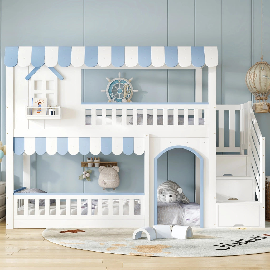 LETTO A CASTELLO per bambini 90x200 cm Bianco+Blu con scala contenitore