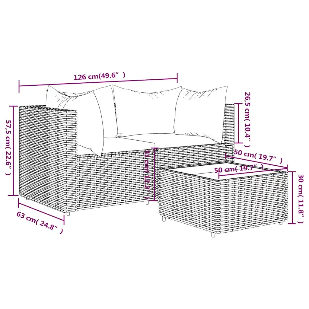 Set Mobili da Giardino 3 pz con Cuscini in Polyrattan Marrone 319811