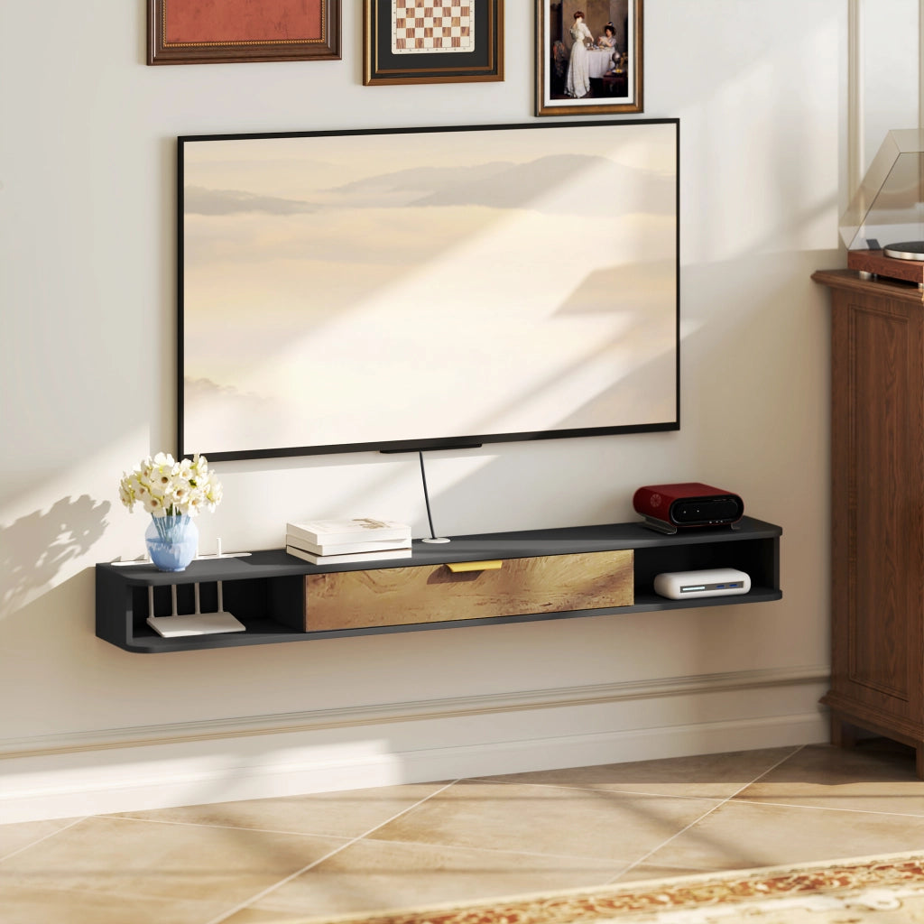 Mobile TV sospeso con ante scorrevoli e scomparti aperti ¨C zephmum ¨C grigio 160x24x16 cm