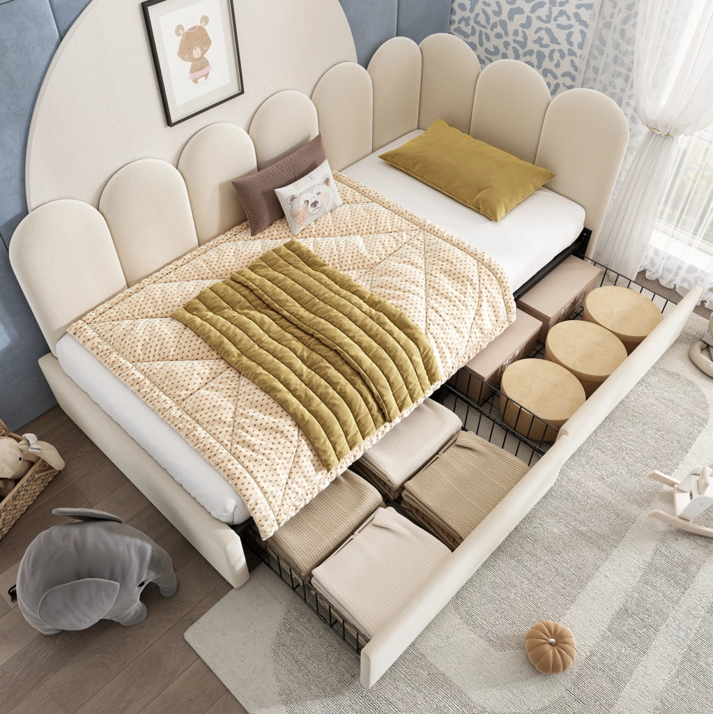 Letto imbottito con 2 cassetti 90x200 cm in velluto beige