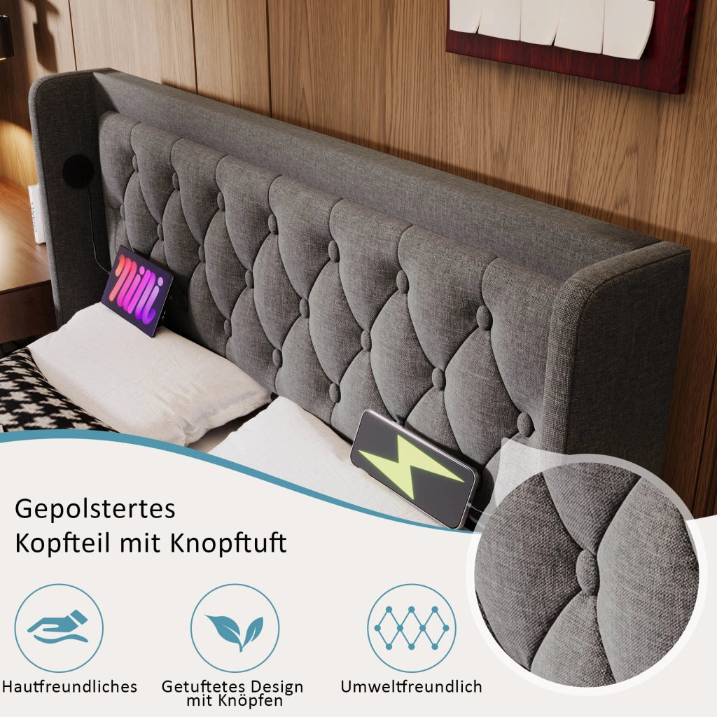 LETTO Contenitore 160x200 cm Grigio Cotone con USB Type-C e LED 3 lati