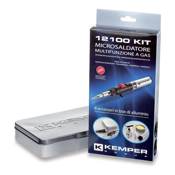 K KEMPER GROUP KEMPER_12100KIT Kit Microsaldatore a Gas con Accensione Piezo Corpo Trasparente Temperatura Fiamma 1300°c Autonomia 40 min Accessori Inclusi colore Nero