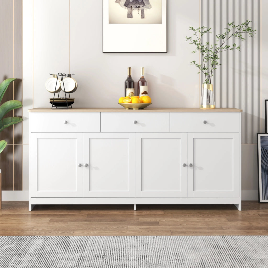 SIDEBOARD 160 cm con 3 cassetti, 4 ante, bianco e legno