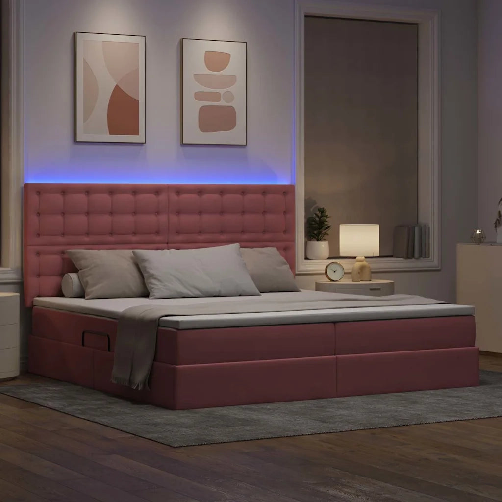 Letto con contenitore e LED con led Rosa 200 x 200 cm Velluto