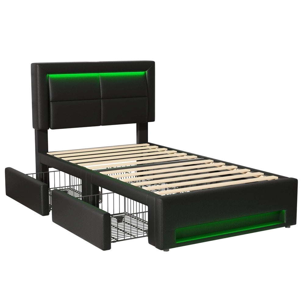 Letto Imbottito con LED e Cassetti ¨C MINIMAL ¨C Similpelle Nero 90x200