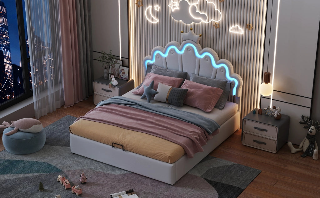 DESMIU Letto contenitore 140 × 200 cm 2 posti con LED regolabile e vano idraulico, senza materasso, PU bianco