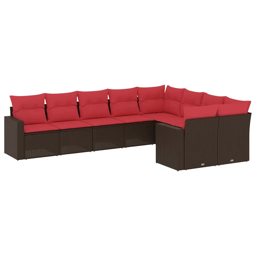 Set Divani da Giardino 9pz con Cuscini Marrone in Polyrattan