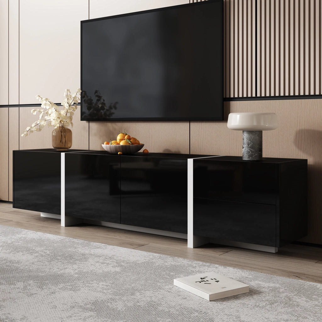 Cassettiera per TV nera e bianca in truciolato; lunghezza 170 cm