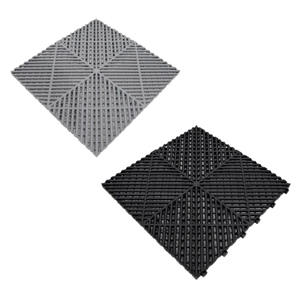 Piastrelle ventilate nere e grigie 3,2m x 6m per garage e officine, antiscivolo.
