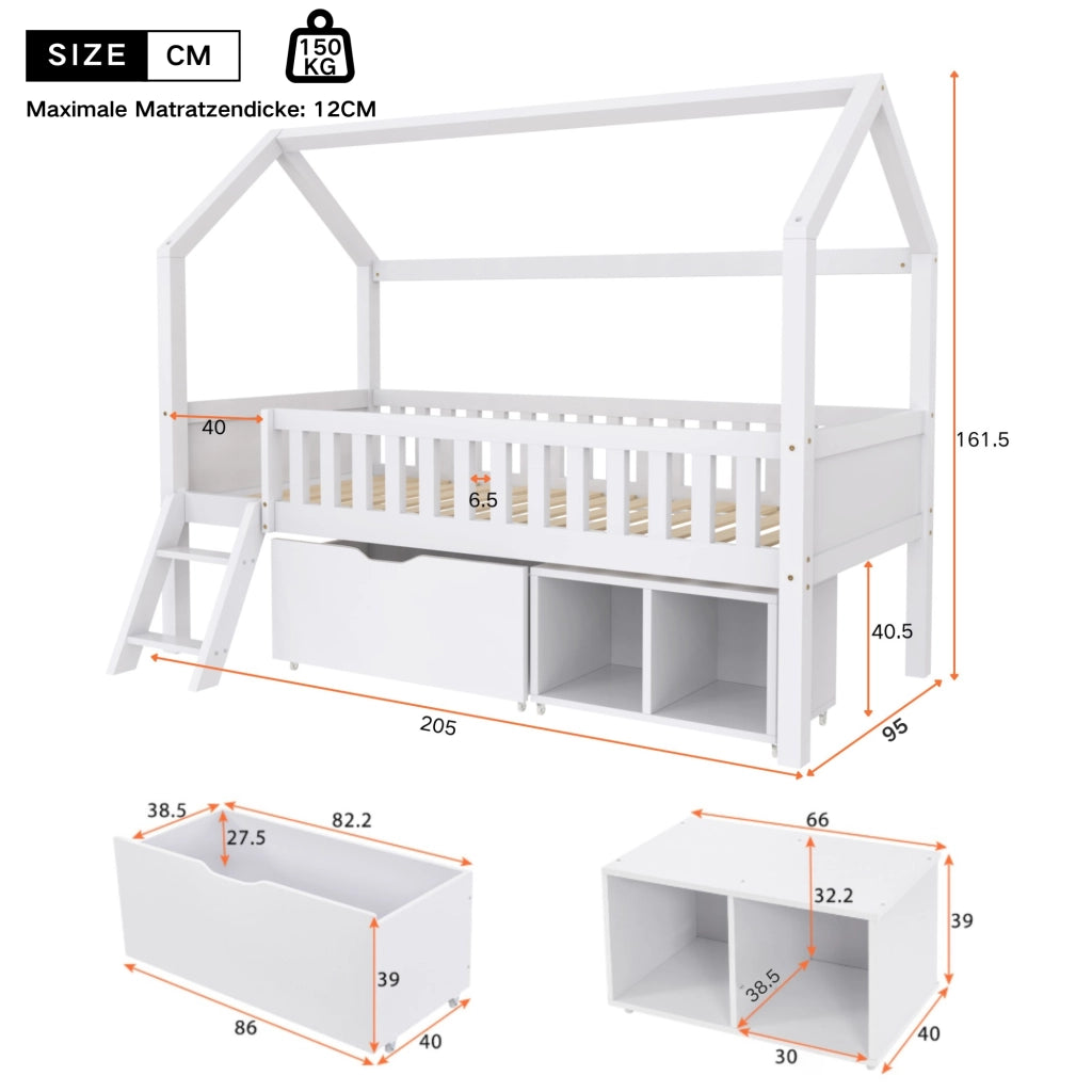 Letto a casetta per bambini 90x200 cm con cassetti, scala laterale e sponde di sicurezza, bianco