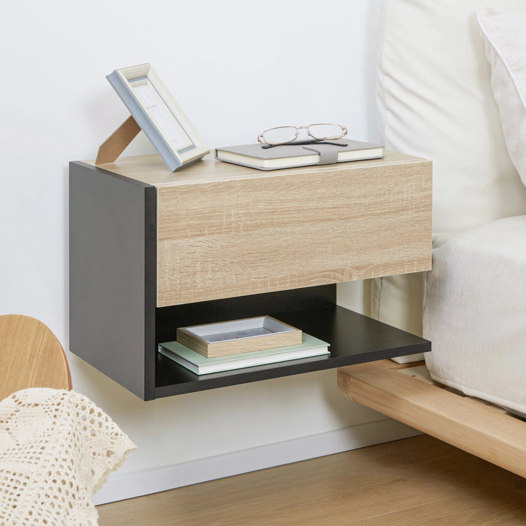 Comodino a muro ¨C Minimal ¨C 2 pezzi, tiroir, scaffale, bicolore effetto quercia nero