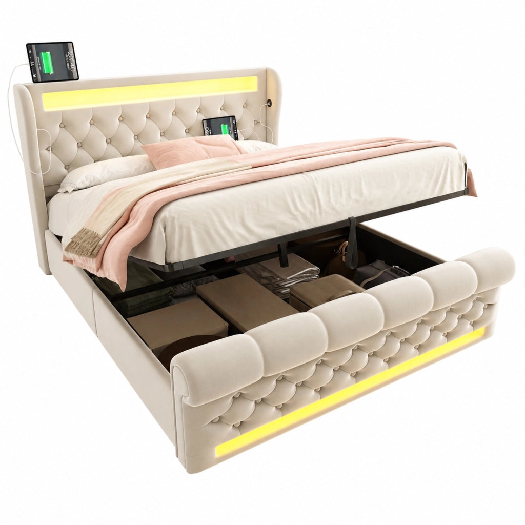 Letto imbottito con LED, ricarica USB e contenitore idraulico