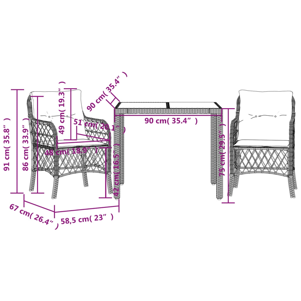 Set da Bistrò 3 pz con Cuscini Nero in Polyrattan 3212024