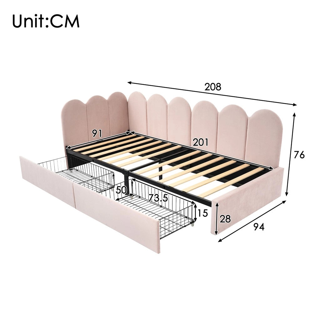 Letto Singolo Imbottito con Cassetti ¨C MINIMAL ¨C Velluto Rosa 90x200