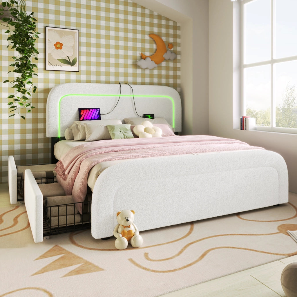 LETTO imbottito con USB Type-C, LED e 4 cassetti 140x200 cm Sherpa bianco