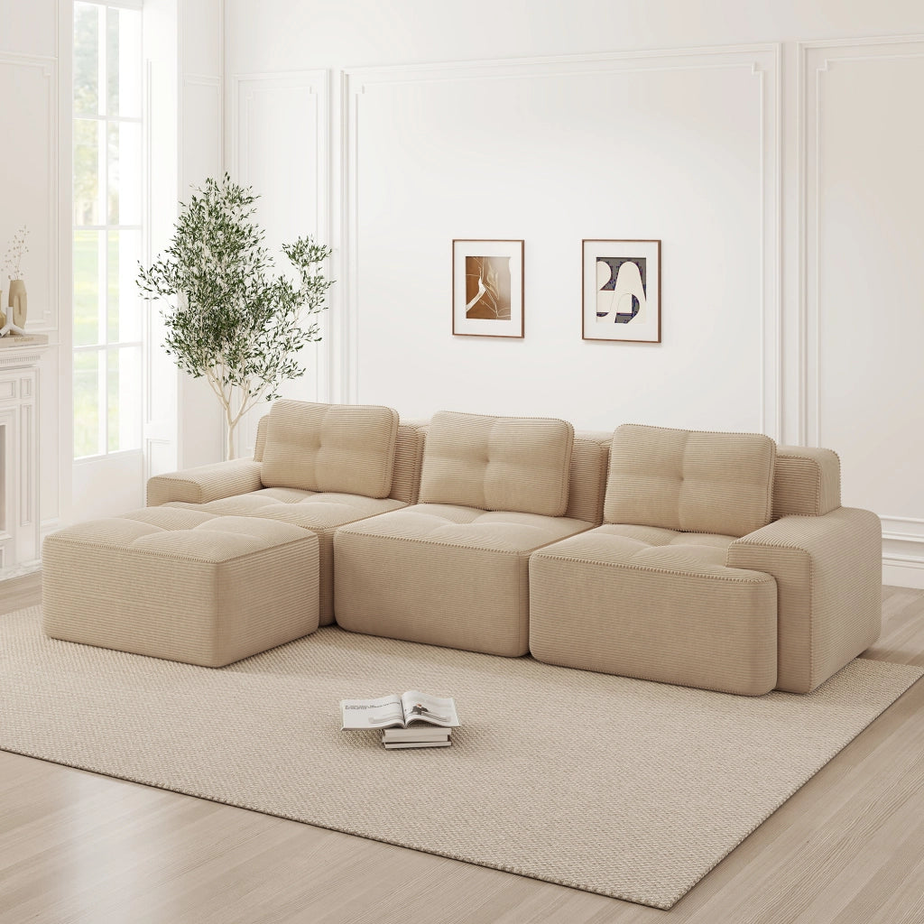 Divano modulare L - Zephmum - 3 posti, velluto, beige, senza montaggio