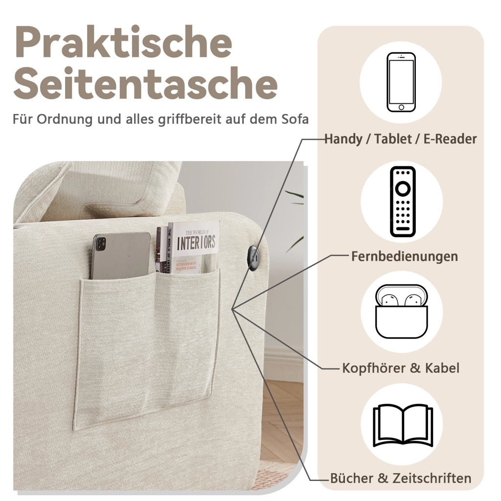 Divano relax 2 Posti con USB, tasca laterale, portabicchieri e cuscini, in Chenille, Beige