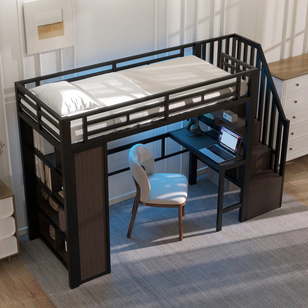 Letto a Soppalco con Scrivania e LED ¨C MINIMAL ¨C Metallo Nero 90x200