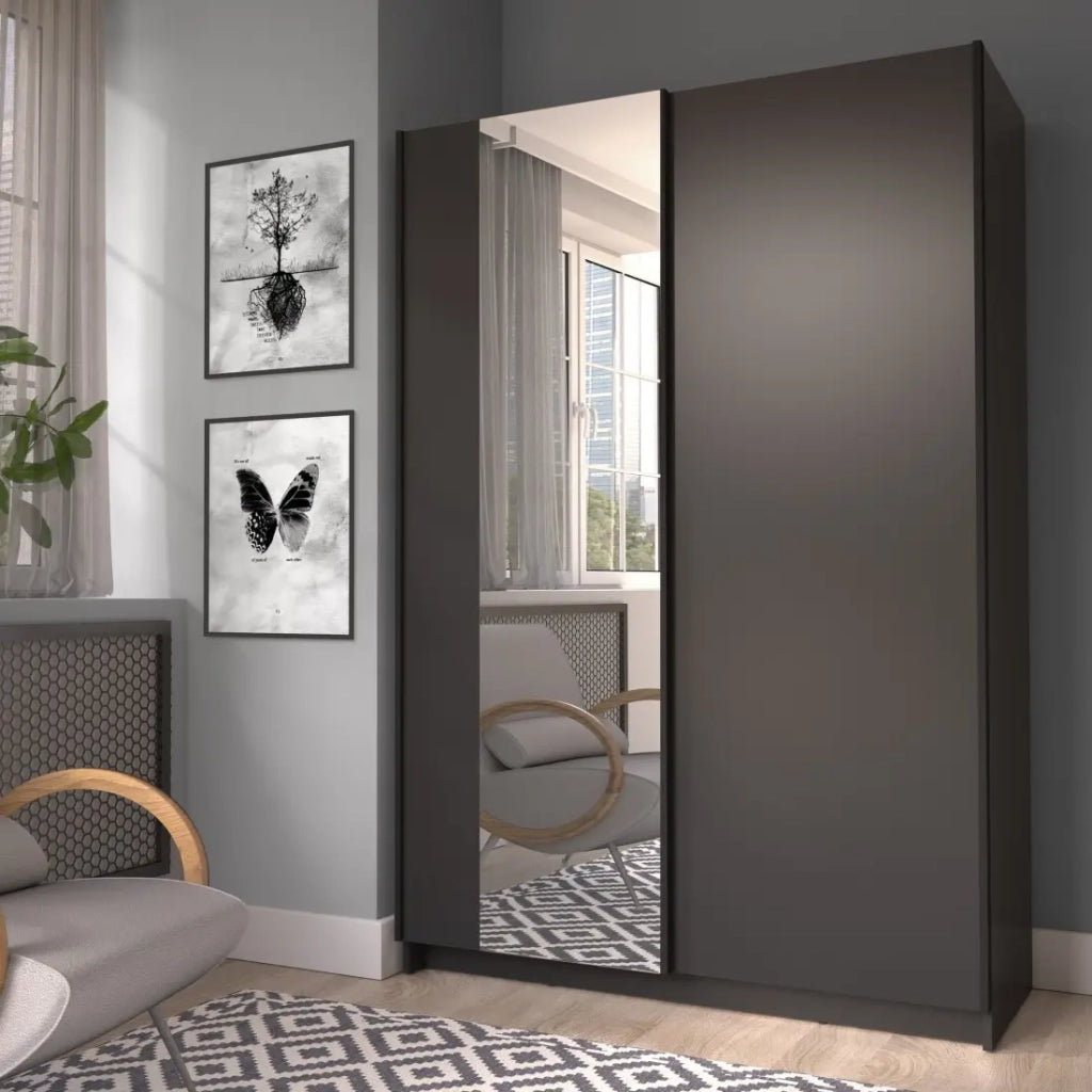 Armadio LYSIA 120 cm nero opaco – 2 porte scorrevoli con specchio