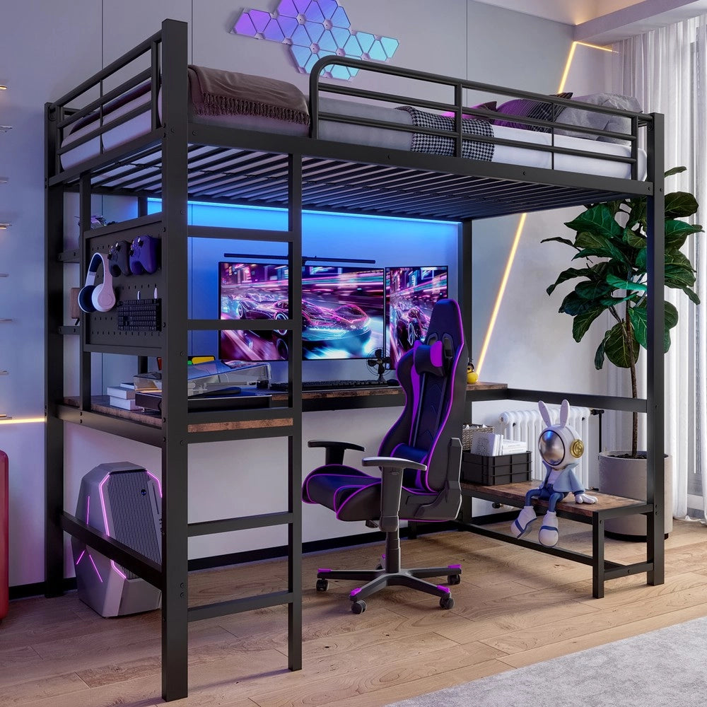 Letto a Soppalco con Scrivania e LED ¨C MINIMAL ¨C Nero, 90x200, con USB e Rete a Doghe