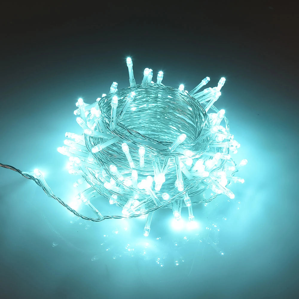 CATENA LED 500 LUCI VERDE ACQUA CAVO TRASPARENTE 25 METRI 8 GIOCHI DI LUCE - IP44 PER INTERNI ED ESTERNI