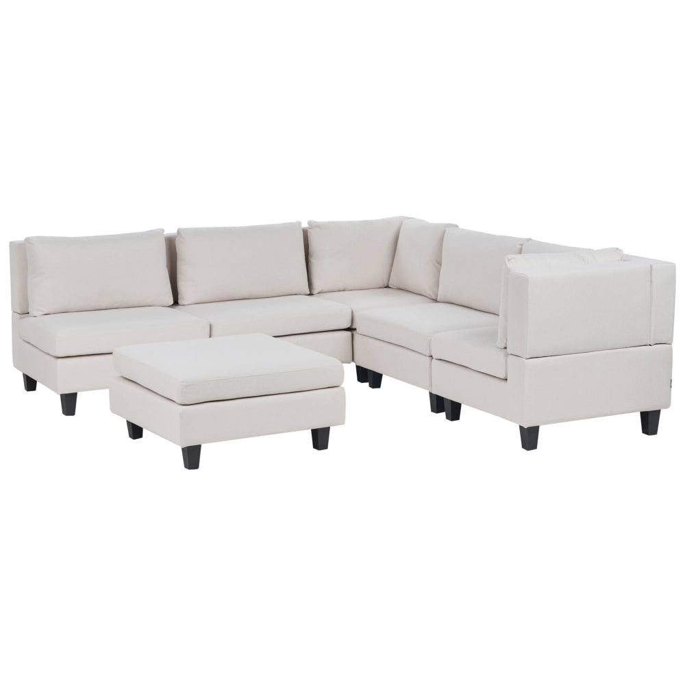 Divano componibile a 5 posti imbottito in tessuto beige chiaro gambe nere lato sinistro con ottomana stile moderno