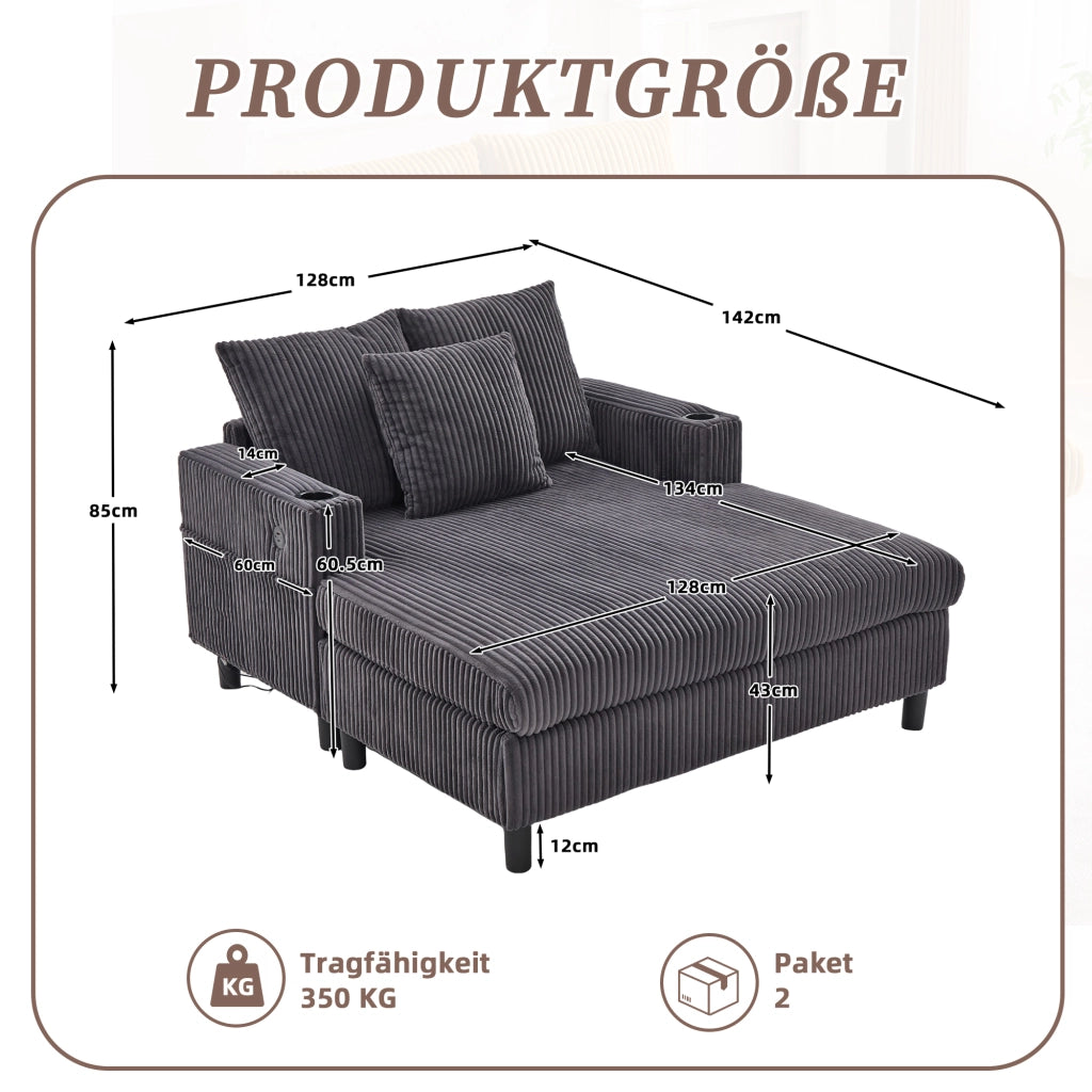 Chaise Longue Reclinabile con LED e USB ¨C MINIMAL ¨C Velluto, Grigio