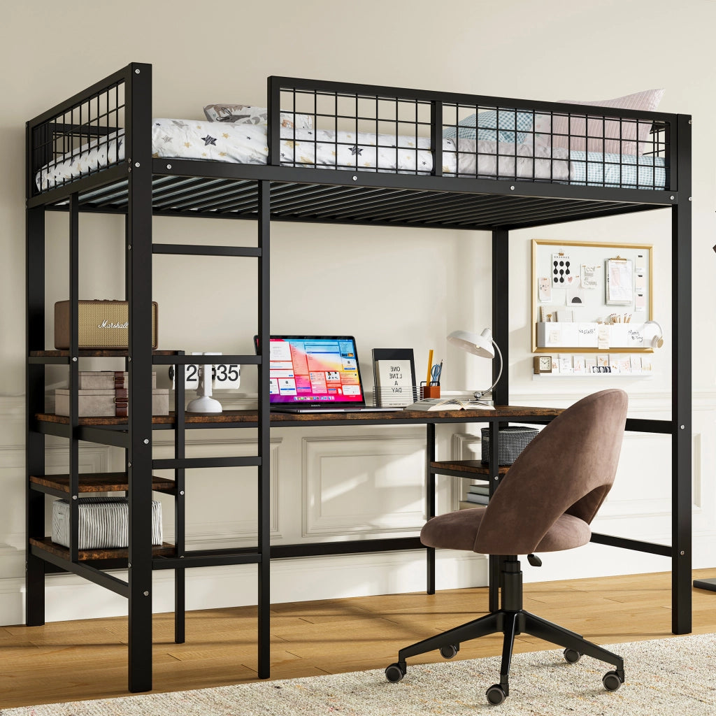 Letto a soppalco 90 × 200 cm con scrivania e ripiani scala a 4 gradini in metallo nero e legno scuro