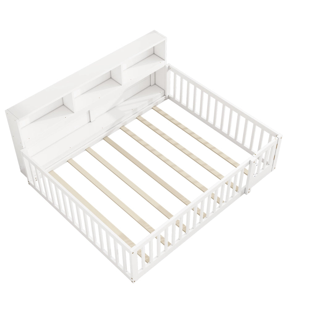 Daybed 140x200 cm con sponda di sicurezza, ripiani laterali e rete a doghe, bianco