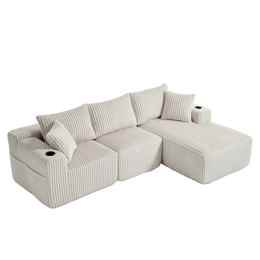 Divano Modulare con Chaise Longue e 2 Posti ¨C MINIMAL ¨C Velluto a Coste, Cuscini, Portabicchieri