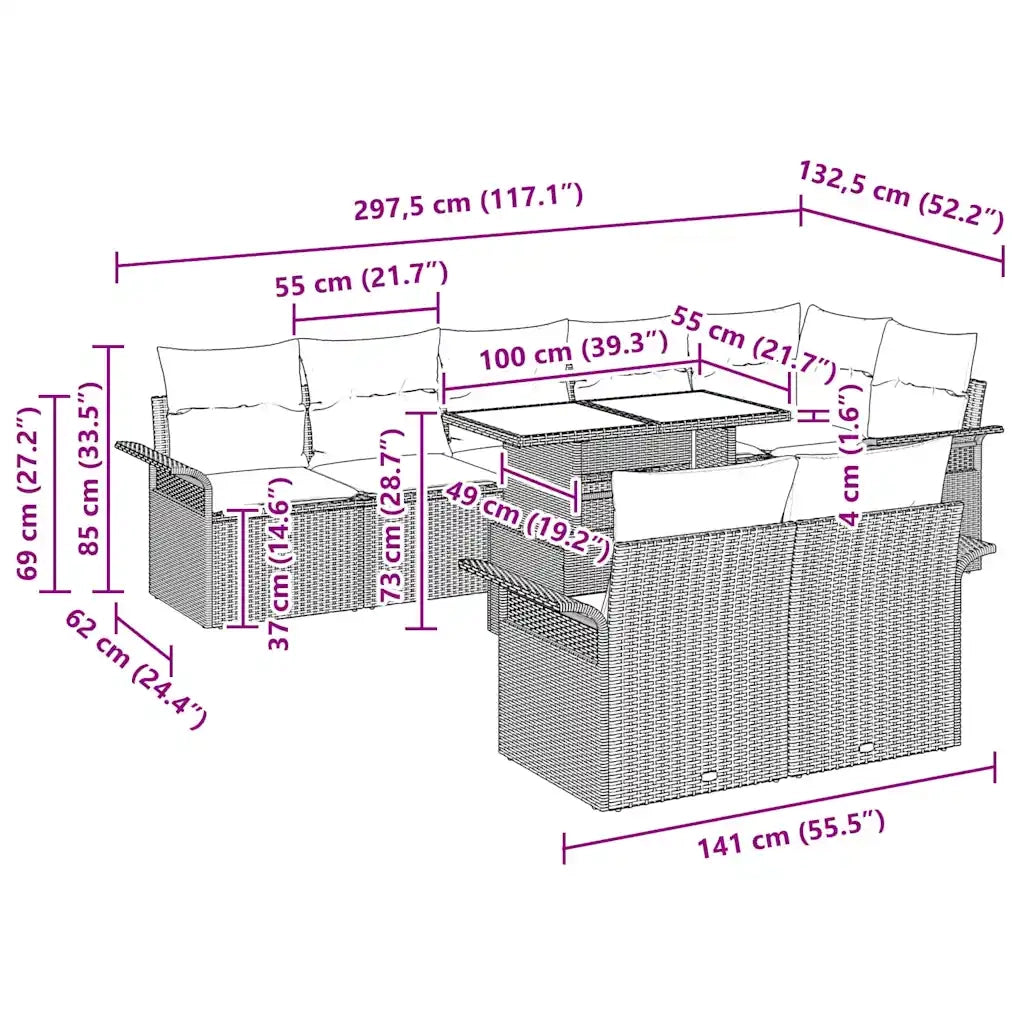 Set Divano da Giardino con cuscino 9 pcs Grigio Poly Rattan 3357042