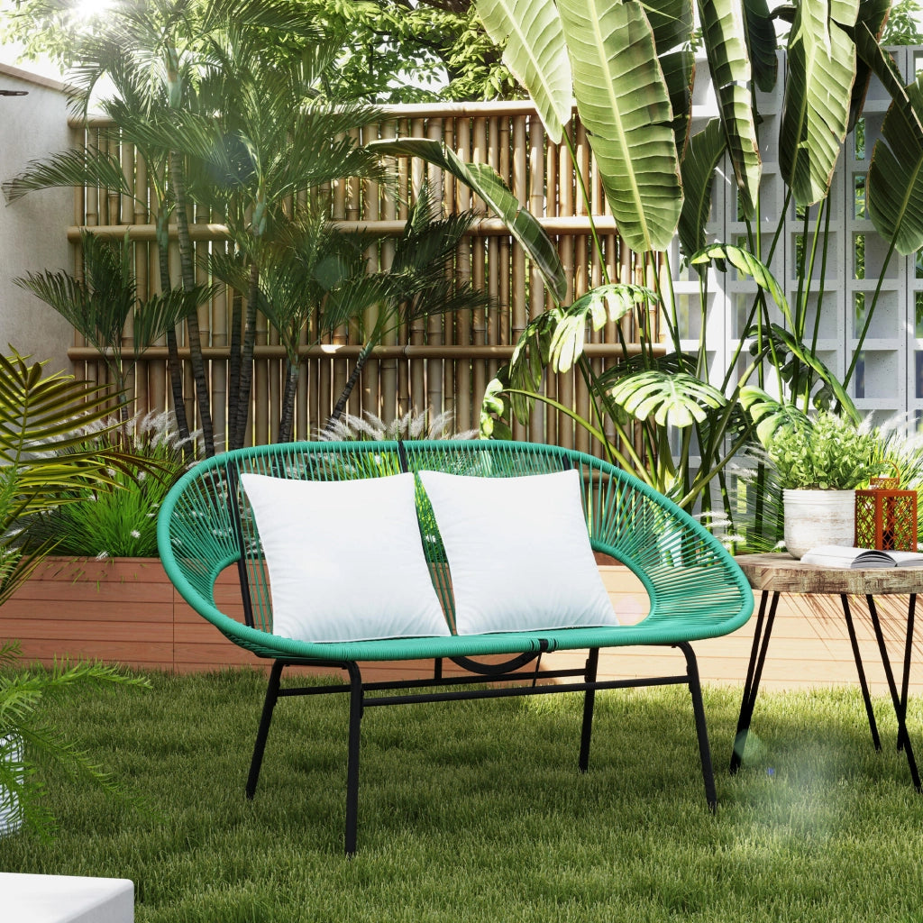 Divano da Giardino 2 Posti 132x72x83 cm con Cuscini e Braccioli in Rattan PE e Acciaio Verde