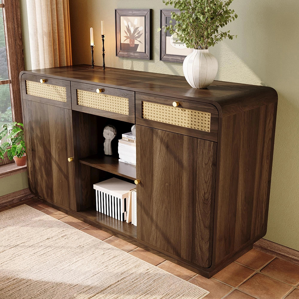 Credenza Sideboard 120cm - Xylo - Noce con 3 Cassetti e Maniglie in Vimini/Oro