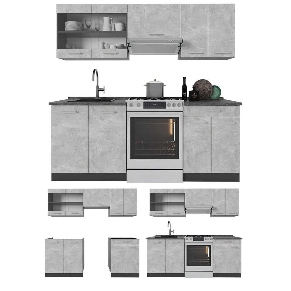 Cucina componibile R-Line Calcestruzzo/Antracite 200 cm, PL Marmo Vicco