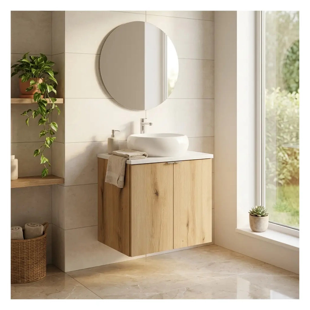 Set da bagno sospeso VANO in rovere e bianco 60cm: mobile sotto lavabo con armadietti + piano per lavabo