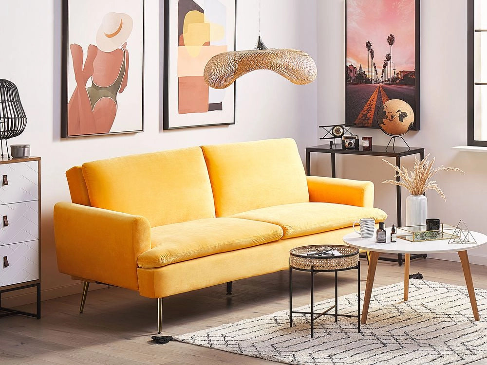Divano Letto Velluto Giallo 3 Posti Click Clack Gambe In Metallo Dorato